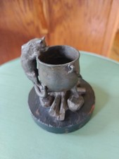 Antique Match Holder Ink well Toothpick Figural Cauldron Cat Fire Camp Logs Rare picture