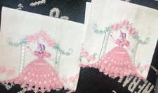 PAIR 2 Vtg White QUEEN/KING PILLOWCASES Embroidered SOUTHERN BELLE Crochet Skirt picture