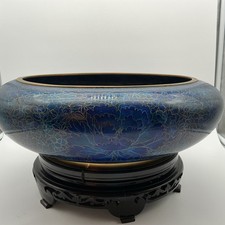 Vintage c. 1950 Beijing China Blue Green Lotus Cloisonné Bowl 15” Wood Stand picture