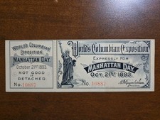 1893 World's Columbian Exposition Chicago MANHATTAN Admission Ticket #10887 picture