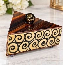 Vintage R&Y Augousti Paris Art Deco Triangular Bamboo Inlay Mirrored Vanity Box picture