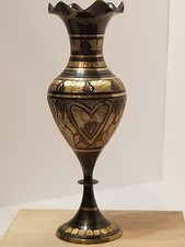 STUNNING VINTAGE EGYPTIAN ANTIQUE BRONZE STEMMED VASE 11.5 INCH GOLD ETCHING picture