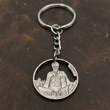 1937 Hobo Nickel Cut Coin Keychain Skeleton Man Sitting In The Park Skull Gothic picture