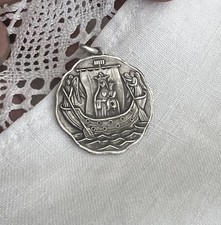 French Silver Medal Boulogne Sur Mer Round 1⅛” Medallion Pendant Mary Sea Crest picture