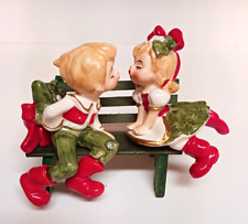 Vintage Lefton Christmas Boy Girl Kissing Sitting On Park Bench Figurine In Box picture