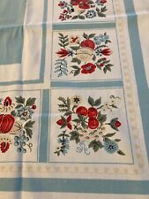 LOVELY VTG 50s STRAWBERRIES FRUIT & FLOWERS AQUA WHITE COTTON TABLECLOTH 51 X 67 picture