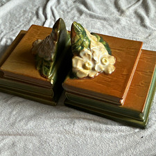 Roseville Floral Book-Shaped Ceramic Bookends Pair Brown Green White Antique picture