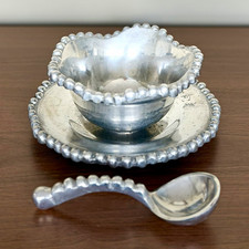 Vintage Pewter Bowl Plate Spoon Set Beaded Rim 3 Piece Serving Dish picture