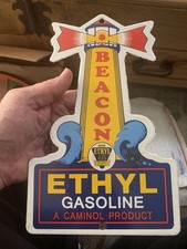 VINTAGE BEACON ETHYL GASOLINE  PORCELAIN  GAS AND OIL SIGN GREAT COND picture