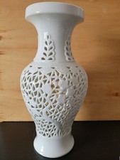 Vintage Blanc De Chine White Vase Cherry Blossom Chinese Reticulated Porcelain  picture