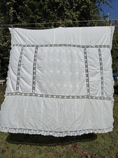 Handmade White Table Cloth Floral Embroidered Crochet 75 X 72 (6’) Antique/VTG picture