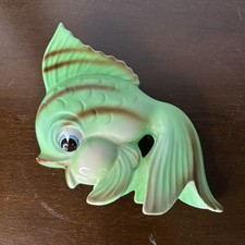 Vintage Lefton Fish Wall Pocket Mint Green With Brown Strips Planter 1950’s picture