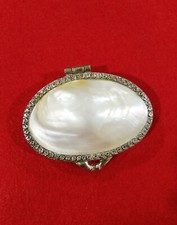 Vintage Mother Of Pearl Trinket Jewelry Box Abalone White Natural Metal Trim 4
