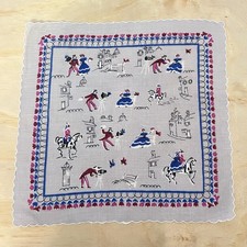 VTG Cotton Printed Hankie Regional Village Scene Courting Couple Scalloped 14x14 picture
