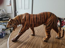 Vintage Genuine Leather Wrapped Tiger Sculpture. 18 Inches Long 10 Inches Tall.  picture