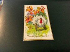 Thanksgiving Greetings ~ Beautiful Bordered Fall Leaves Turkey Embossed Postcard picture