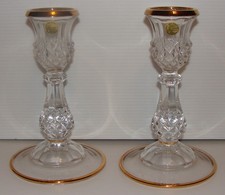Vtg Cristal D'Arques Lead Crystal Candle Holder Set of 2, Gold Trim, Candles Inc picture