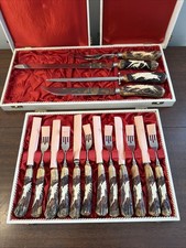Vintage Germany Stainless 15 Pc Carved Stag Antler Knife Fork & Accessory Set picture