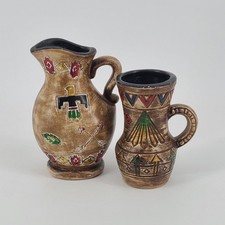 Native American Southwest Bright Color Symbol Pottery Pitcher Vase Set Of 2 picture