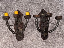 Lot of 2 Vtg Gothic Medieval Wrought Iron Chain & Wood Wall Sconce for Candles picture