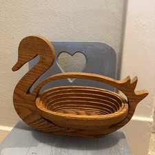Vintage Collapsible Wooden Basket Bowl Duck Swan  picture