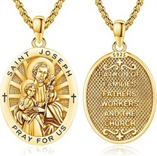 St Joseph Medal Necklace for Men Women San Jose 925 Sterling Silver 18K Gold Pla picture