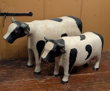 VTG Hand-Carved Wooden Holstein Cow & Calf Folk Art Figures - Matched Pair picture
