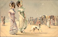 Edwardian Beach Fashion Beautiful Women Walk Dog c1910 WINSCH Postcard bhn picture