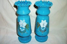 1890s French Blue Opaline Glass Vase Pair Ruffle Top Horseshoe Flowers HP Pontil picture