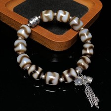 Tibetan Repatriated Old Tiger-Tooth Dzi Bead Silver Handmade Mala Bracelet A245 picture