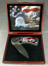 Collector knife w/wooden case Eagle Flag Stars God Bless America picture