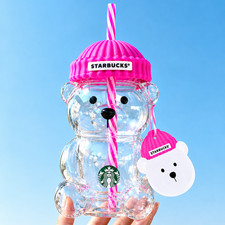 Cute Bear Glass Tumbler Cup with Pink Beanie Hat Lid & Straw picture