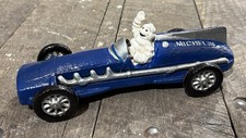 Michelin Man Bibendum Blue Race Car 10” Long Cast Iron Toy; Wheels Move picture