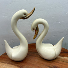Vtg Pair White Ceramic Swan Bird Figurines with Gold Beaks picture
