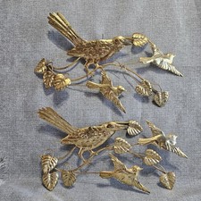 2 Vtge Metal Art Wall Hanging  Songbirds Leaves Branches Tin Birds MCM Gold Tone picture