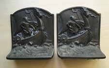 Vintage Solid Metal Bookends - Nordic Viking and Viking Ship  picture