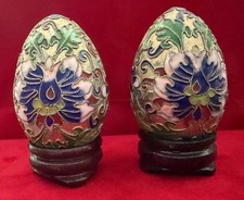 Pair Chinese Cloisonne Enamel Eggs Floral Wooden Stands Vintage picture