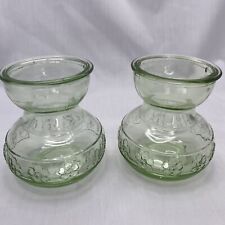 Set Of 2 Light Green Glass 4” Bulb Forcing Vase Embossed Floral Design picture
