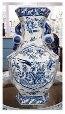 Blue, White Hexagonal Chinoiserie Porcelain Baluster Jug Vase. Hand Painted-15”H picture