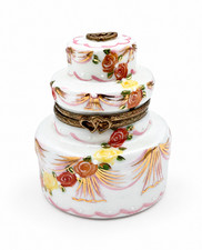 Vintage Limoges France Porcelain 3 Tier Wedding Cake Trinket Box Peint Main Gold picture