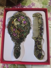 Peacock Mirror & Comb Set w/Decorative Gems Vintage Style 5-1/2