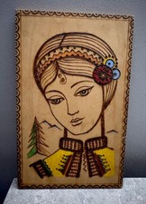 Vintage USSR Wooden Picture “ Ukrainian Beauty “ Burning Technique Soviet Decor picture