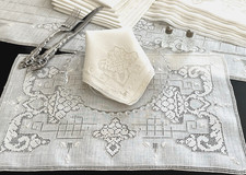 Vintage Placemat Set for 8  ITALIAN Hand Embroidered Linen & Lace  17pc picture