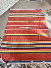 Mexican Serape-Style Striped Woven Blanket Textile w/ Fringe Red Multi  87”x57” picture