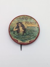 Antique 1908 Long Beach Festival Of The Sea MERMAID Pinback Pin Button picture