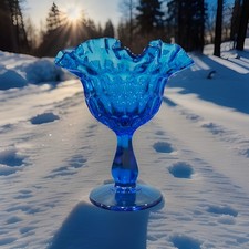 Fenton Colonial Blue Thumbprint Compote Candy Dish Ruffled Edge Vintage 6 1/4