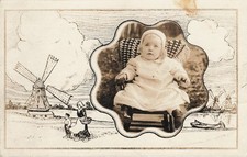 Rppc Cute Baby in Chair Dutch Windmill & Figures Postcard Antique c1910s picture