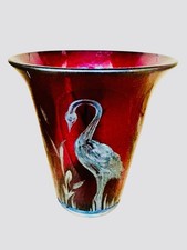 MCM Bohemian Ruby Red Glass Vase Enamel Crane Heron Czech Art Glass picture