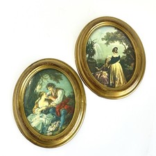 VTG Pair Italian Art Prints Courting Scene & 2 Women Oval Frame Italy Action picture