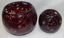 2 Mint Vintage Hand Made Ruby Red Bohemian Cut Crystal Art Glass Bowl Vase Set picture